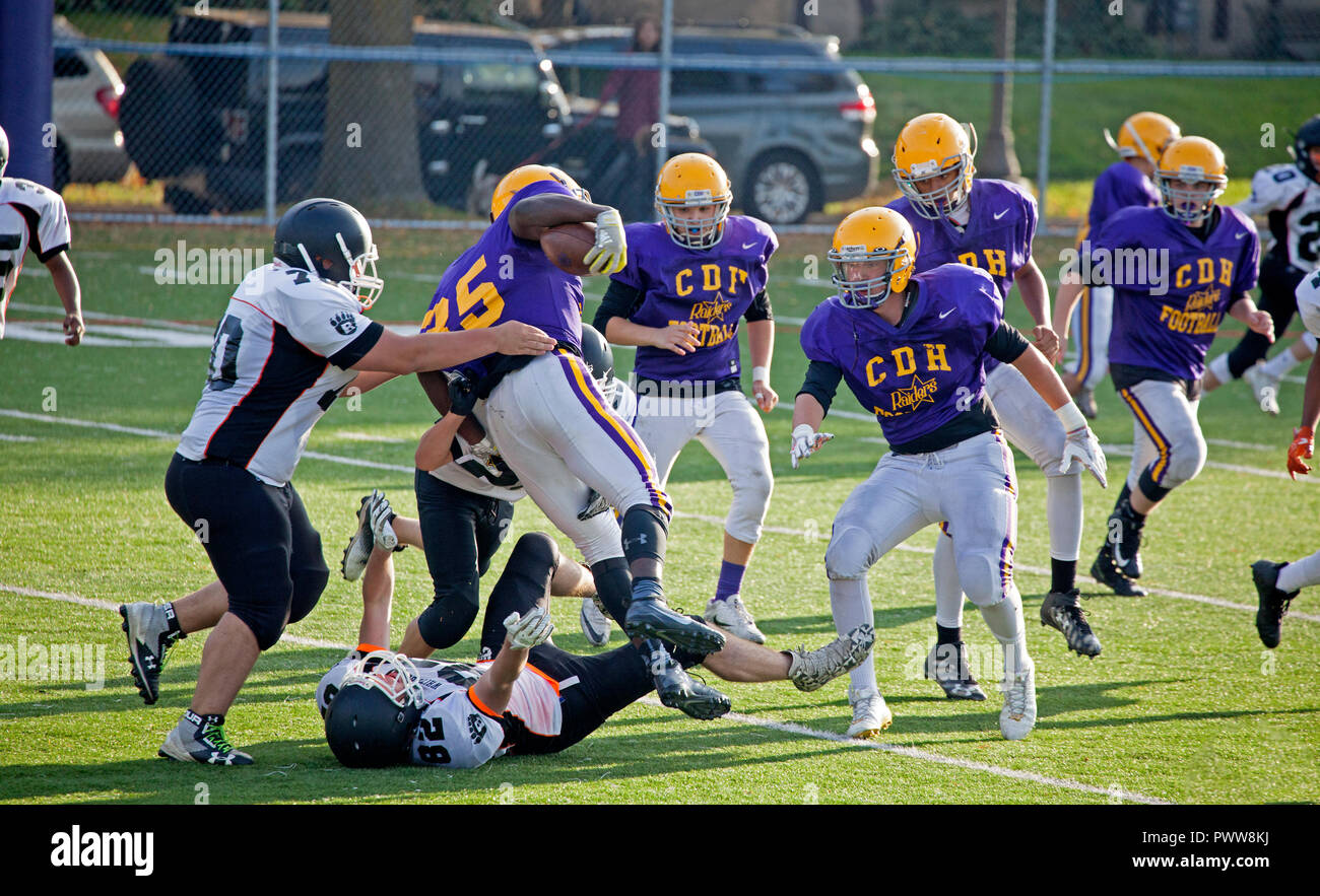 High School Football Game Black African American Cretin-Durham Halle runner wird durch mehrere weiße Bär Mannschaftskameraden in Angriff genommen. St. Paul Minnesota MN USA Stockfoto