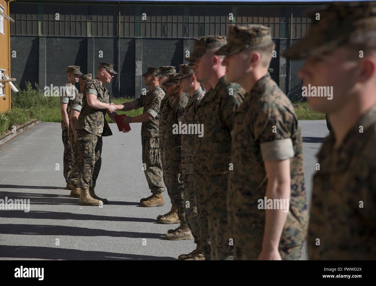 Kapitän Mark Edgar, der Befehlshaber der Marine die Drehkraft Europa 17.1, Auszeichnungen die gewinnende Gruppe mit verdienstvollen Masten für ihre hervorragenden Leistungen während der Bravo Company squad Wettbewerb Juni 30, 2017 at Vaernes Garnison, Norwegen. Während des Wettbewerbs, Marines wurden auf ihre Leistung im Land Navigation ausgewertet, Anrufe für Feuer, squad Hinterhalte, Aufklärung Patrouillen, die Aufträge zu bearbeiten, Haftpflicht- und Unfallversicherung Evakuierung. Stockfoto