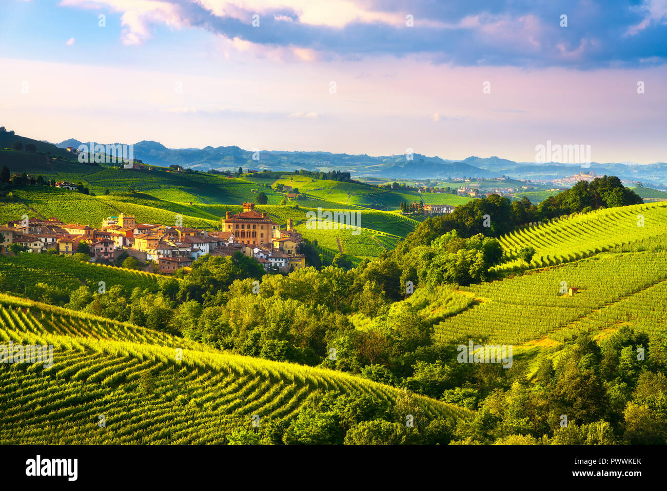 Panorama Weinberge der Langhe, Barolo Dorf, UNESCO-Welterbe, Piemont, Norditalien Europa. Stockfoto