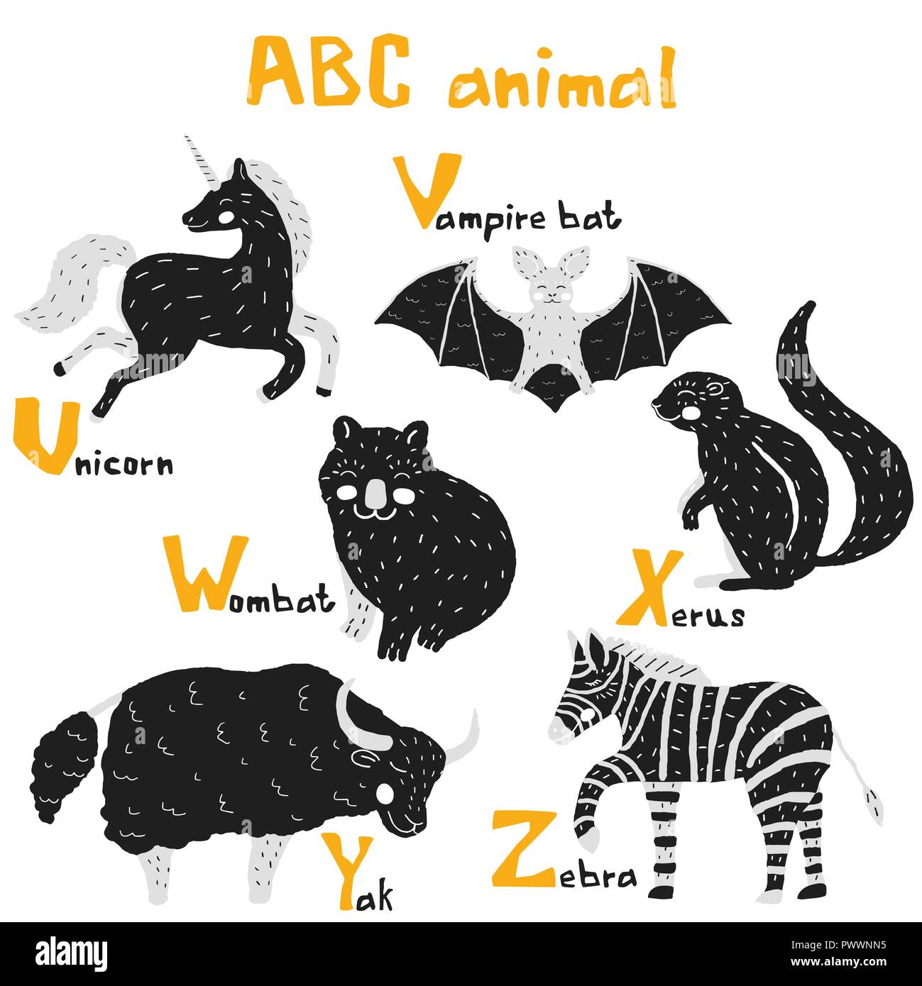 Vektor Hand gezeichnet cute abc Alphabet Tier skandinavisches Design, Zebra, Vampir Fledermaus, Einhorn, Wombat, Xerus, Yak Stock Vektor