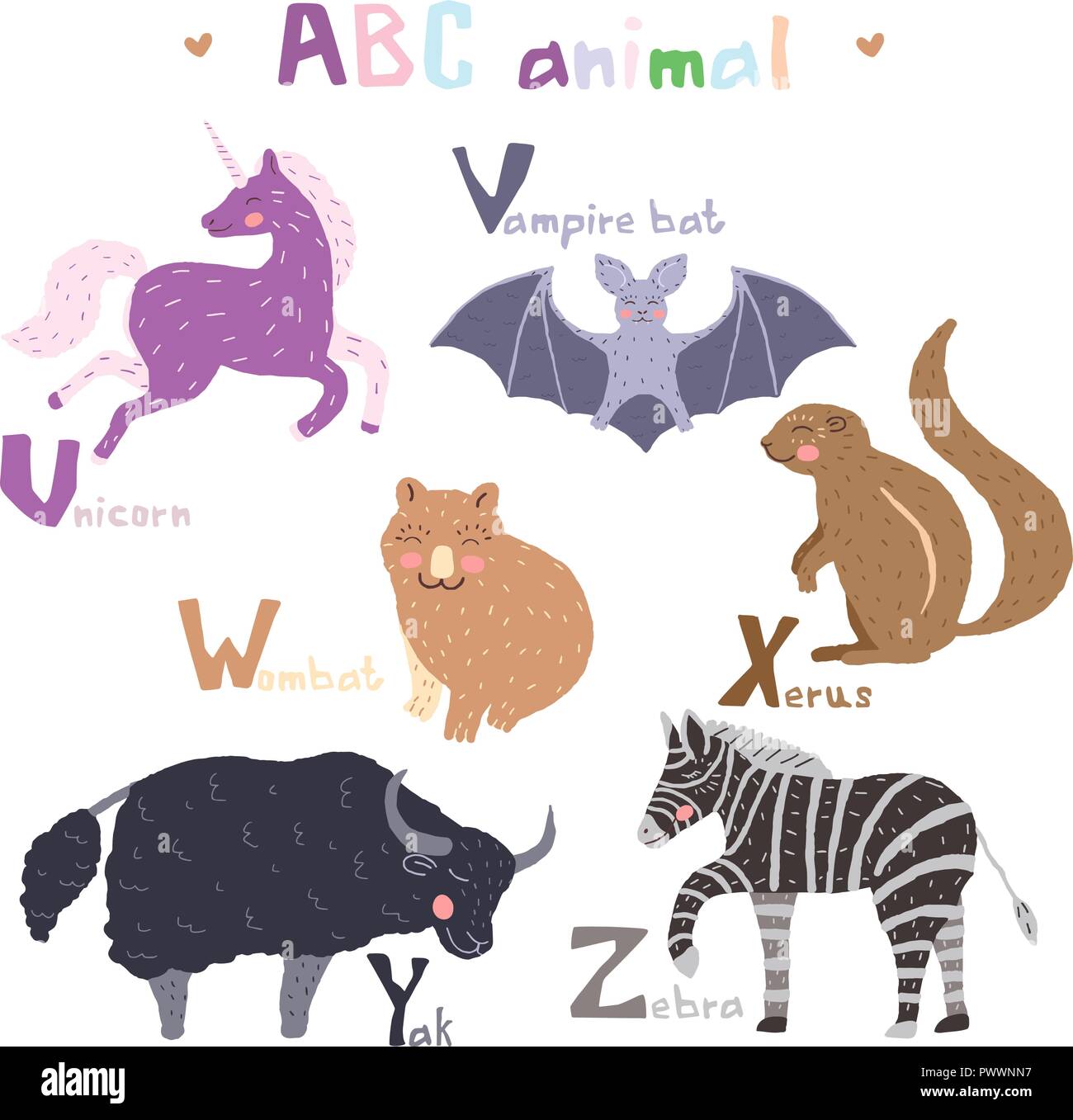 Vektor Hand gezeichnet cute abc Alphabet Tier skandinavisches Design, Zebra, Vampir Fledermaus, Einhorn, Wombat, Xerus, Yak Stock Vektor