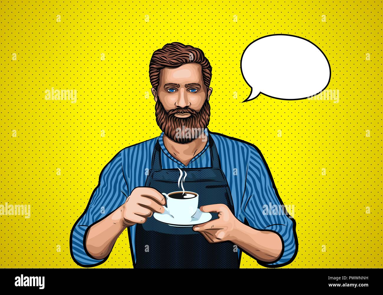 Barista mann Bart. Heißer Kaffee. Pop Art Illustration. Business Café, Kaffee, Vector Illustration. Hipster Mann mit Bart und Kaffee Tasse. Stock Vektor