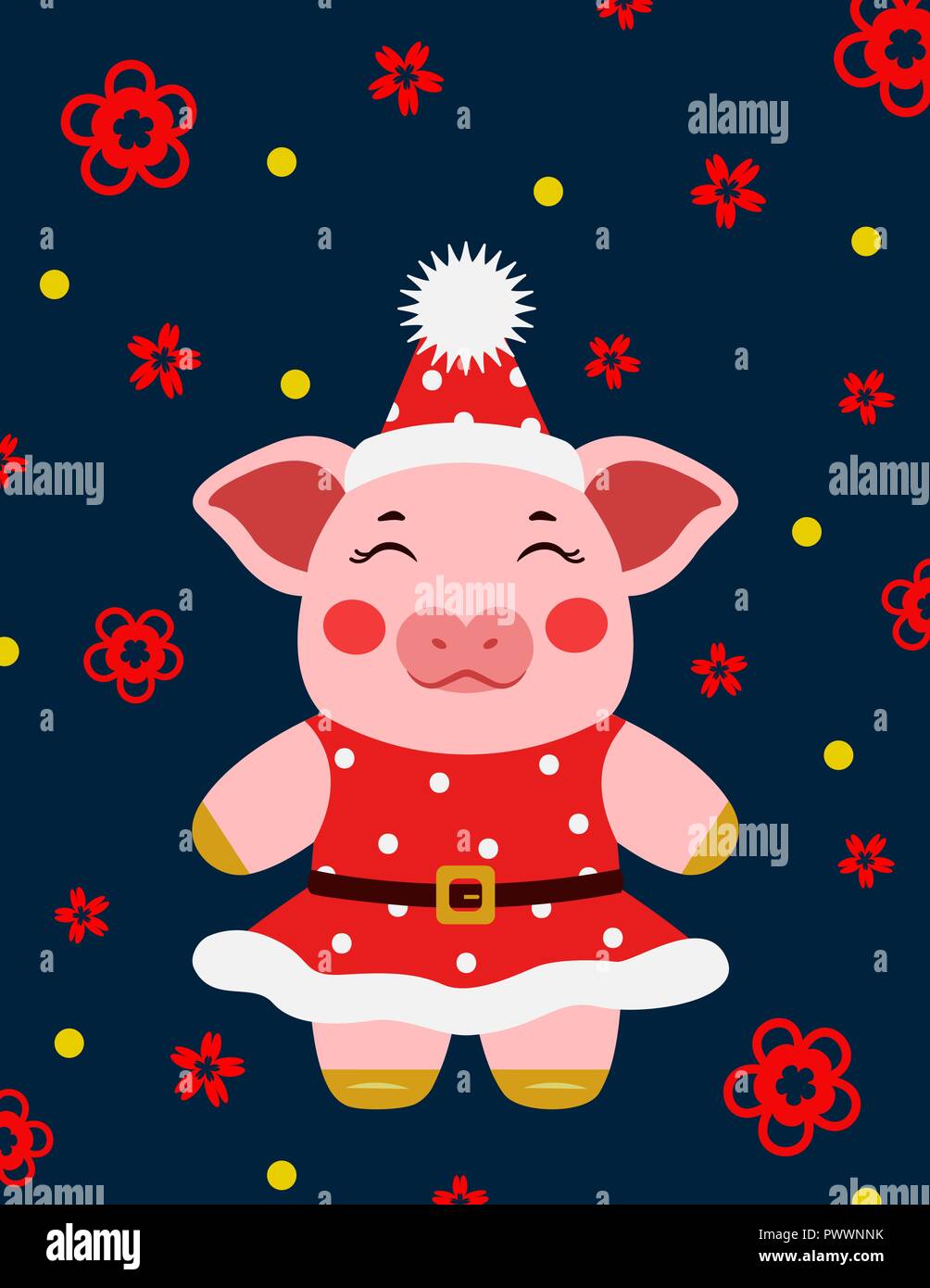 Frohes neues Jahr Nettes Schwein Mädchen Postkarte chinesisch. Symbol für das Jahr 2019 vector Illustrtion Stock Vektor