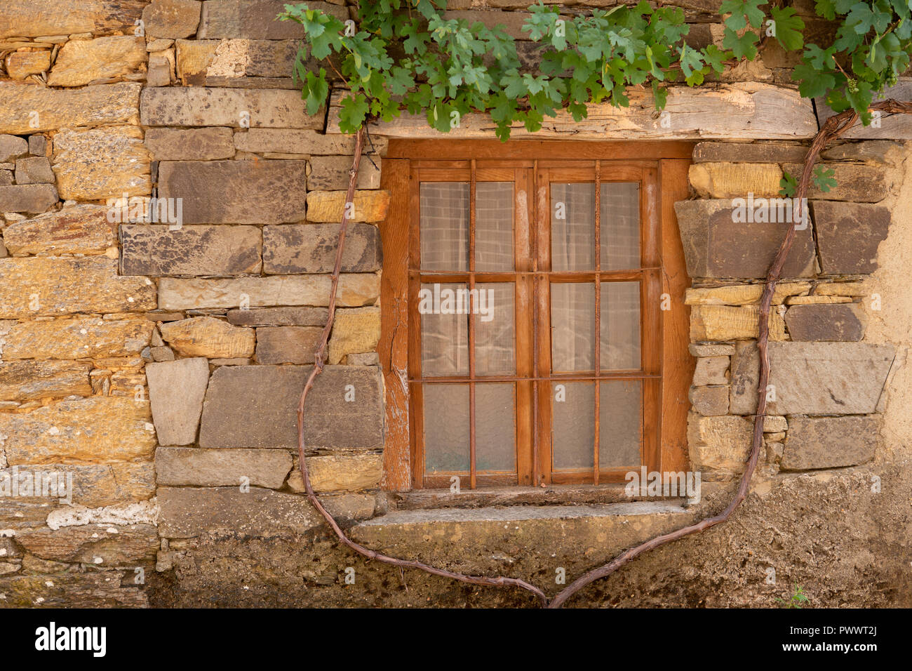 Holz- Fenster in der Fassade aus Stein mit weinstock Arbor Stockfotografie  - Alamy