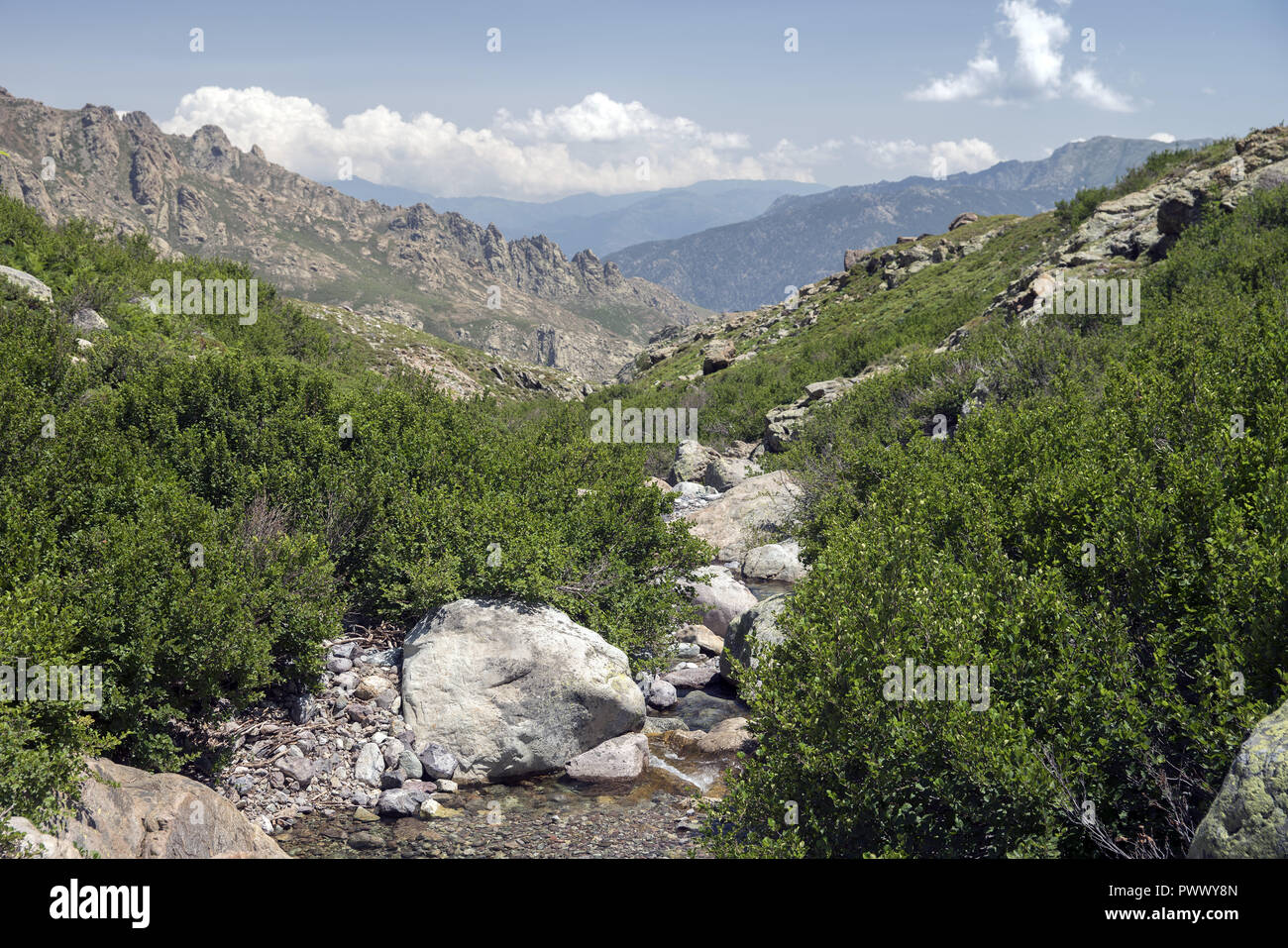 Massiv Monte Cinto, der höchste Berg in Korsika (2706 m). Masyw Monte Cinto, na Korsyce najwyższa Góra (2706 m). Stockfoto