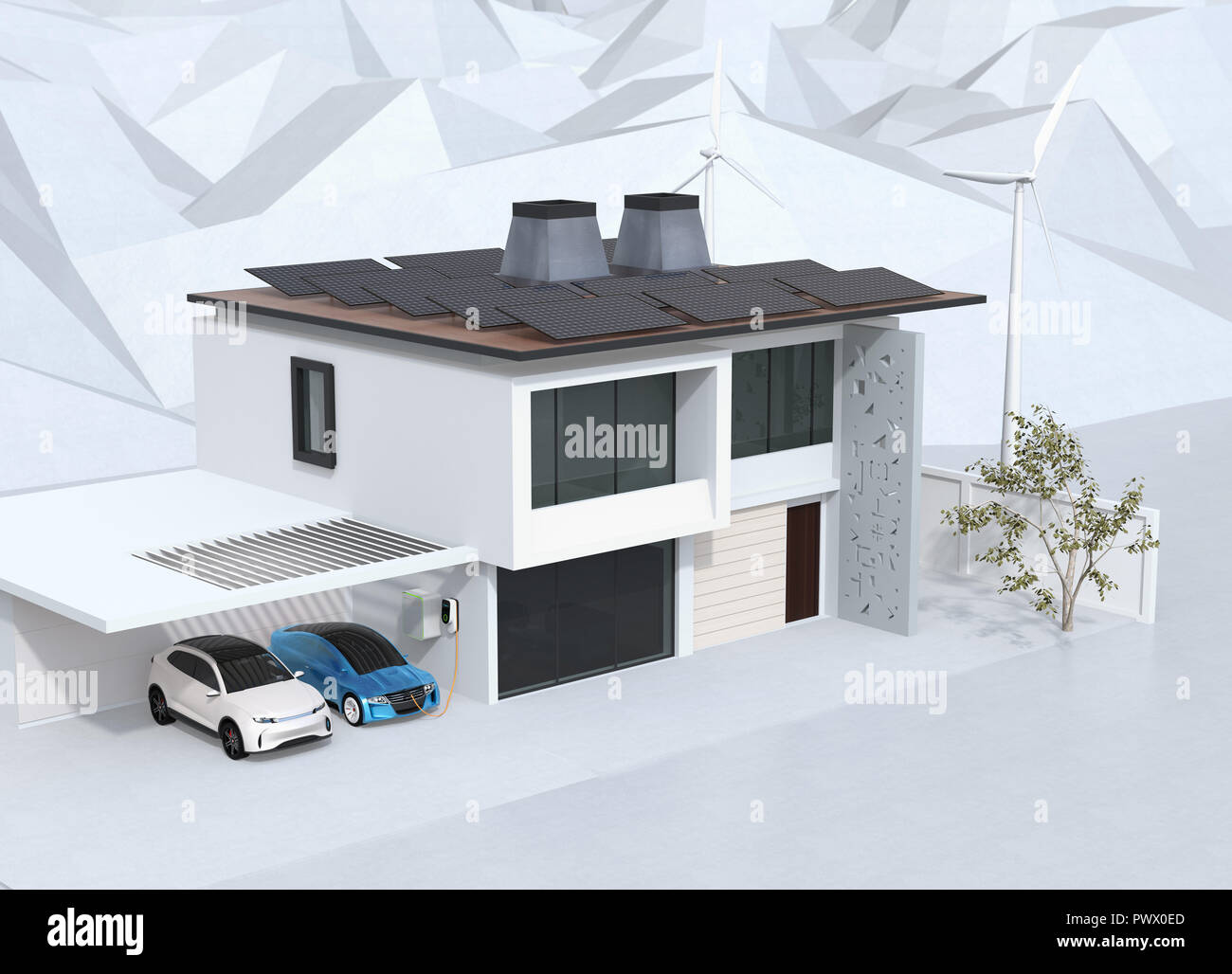 Elektrofahrzeug aufladen in der Garage. Die smart home durch Solarzellen und Windkraftanlagen mit Strom versorgt. 3D-Bild. Stockfoto