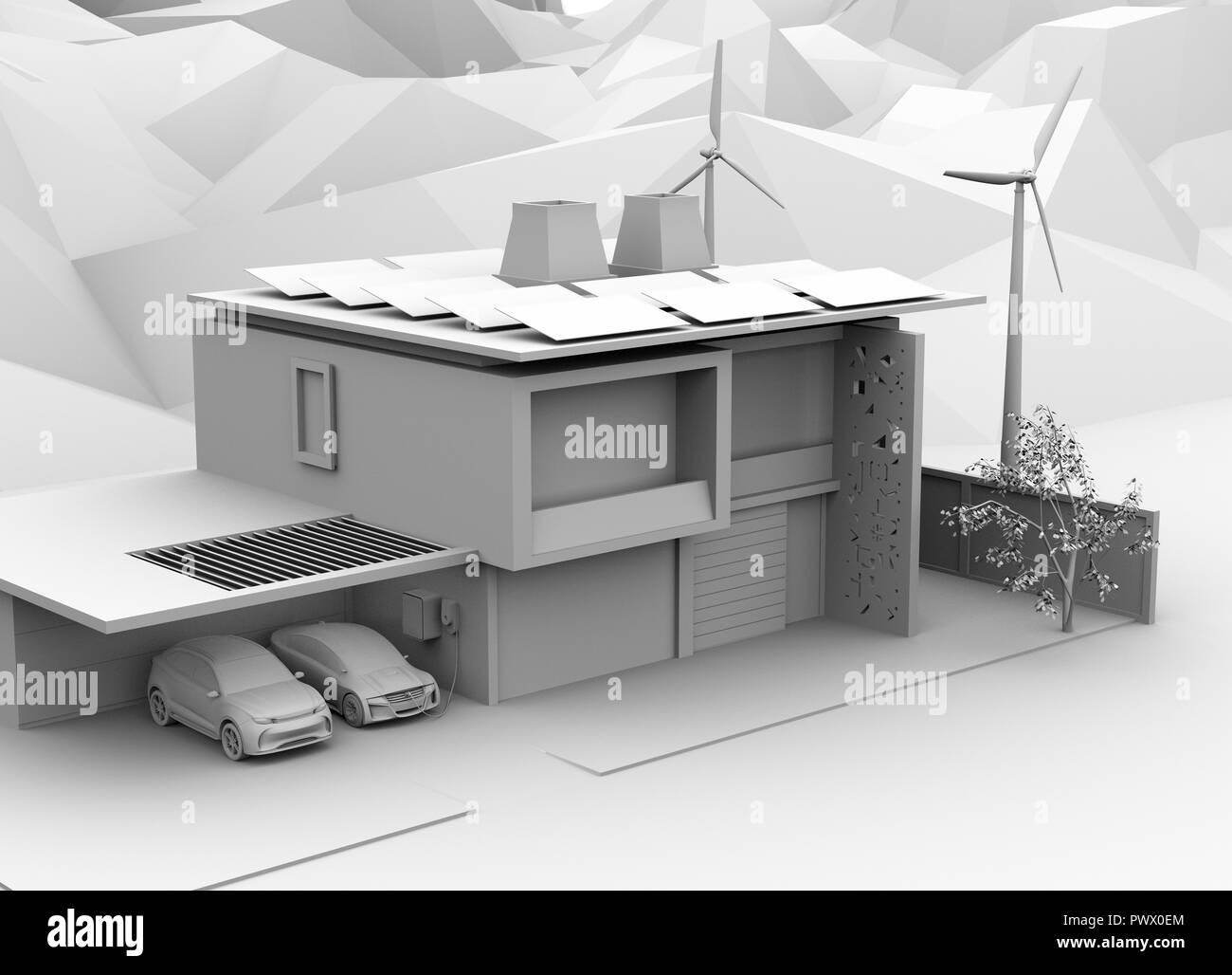 Ton Rendering von Elektrofahrzeug aufladen in der Garage. Die smart home durch Solarzellen und Windkraftanlagen mit Strom versorgt. 3D-Bild. Stockfoto