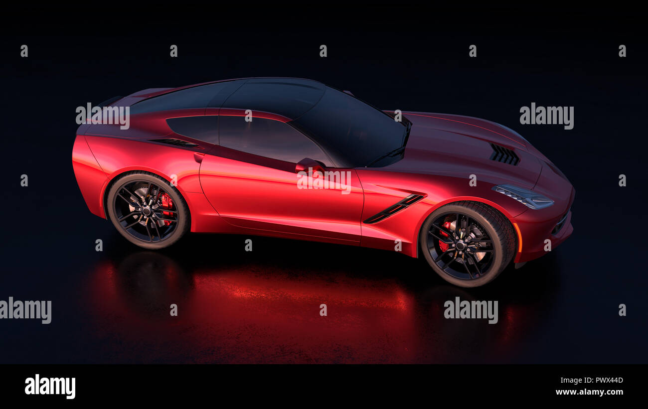 Ansicht Von Der Rechten Seite Eine Schone Rote Sport Auto Mit Amerikanischen Design Auf Einem Dunklen Hintergrund Stockfotografie Alamy