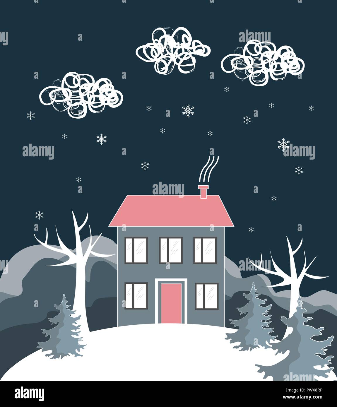 Cartoon Winterlandschaft, mit Haus und Snow Hill. Vector Illustration. Stilisiertes design Hintergrund, für Poster, Flyer, Broschüre, Banner. Lassen Sie i Stock Vektor