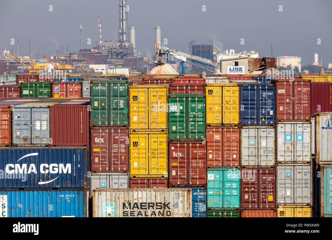 Container Terminal im Rhein-Neckar-Hafen Mannheim, flächenmäßig das größte Land in Deutschland port, container Umschlag von Fluss-, Schienen eine Stockfoto