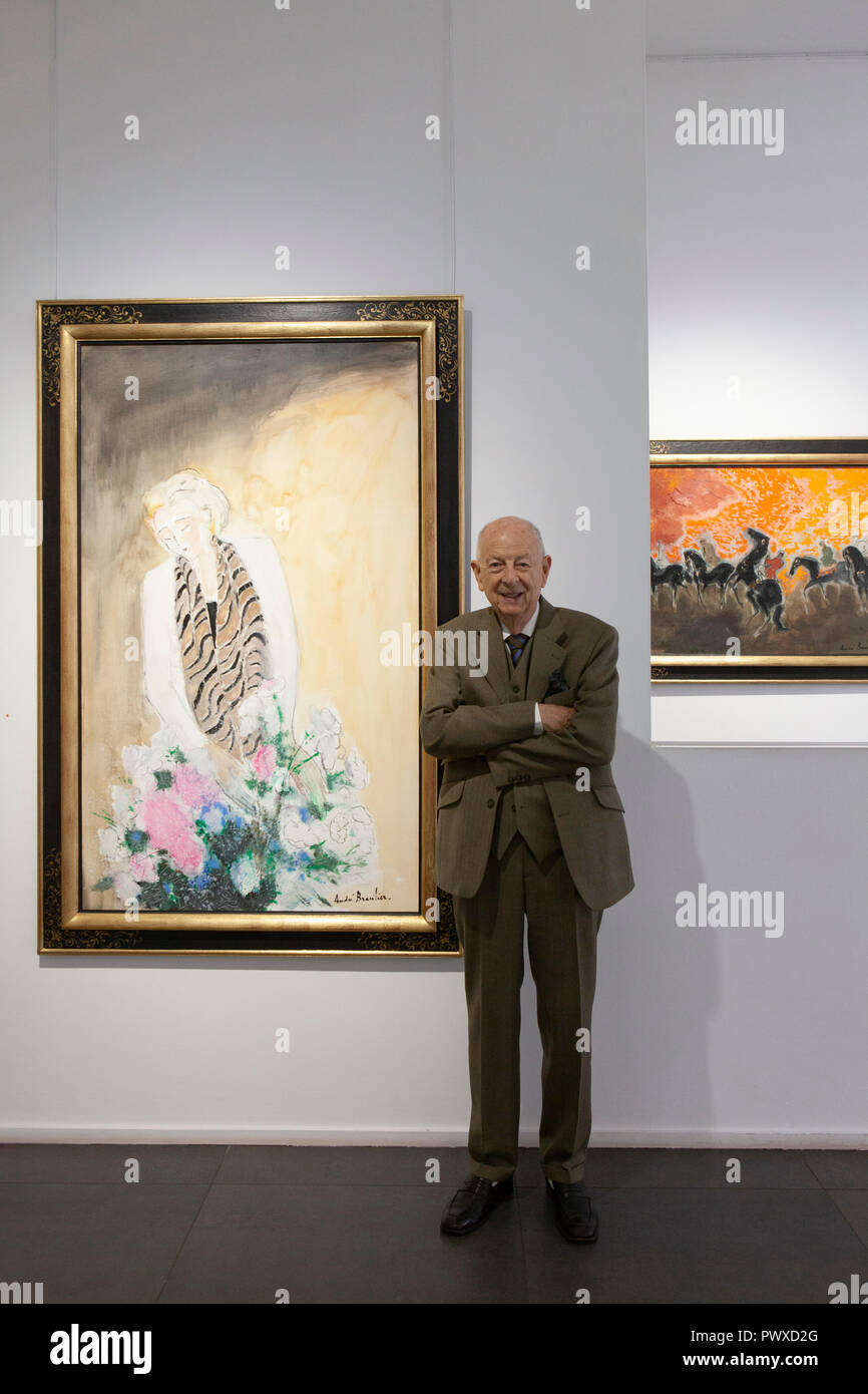 Französische Fauvist Künstler André Brasilier, Alter 90, nahmen an der Eröffnung seiner Ausstellung der letzten Werke in der Oper Gallery in London, begleitet von h Stockfoto