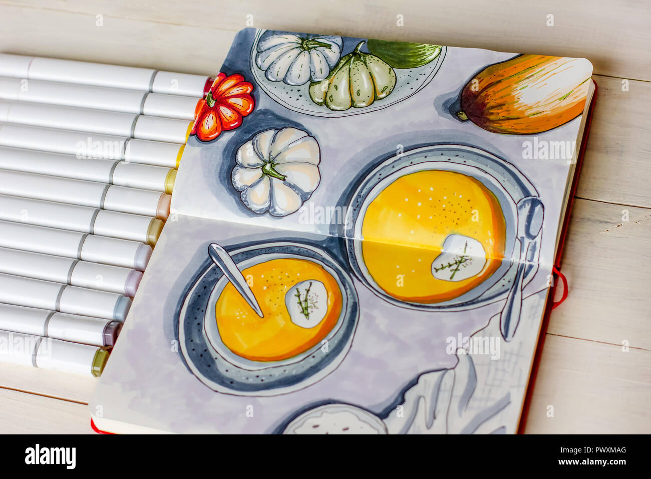 Zeichnung von Markern im Skizzenbuch Kürbissuppe, flach Stockfoto
