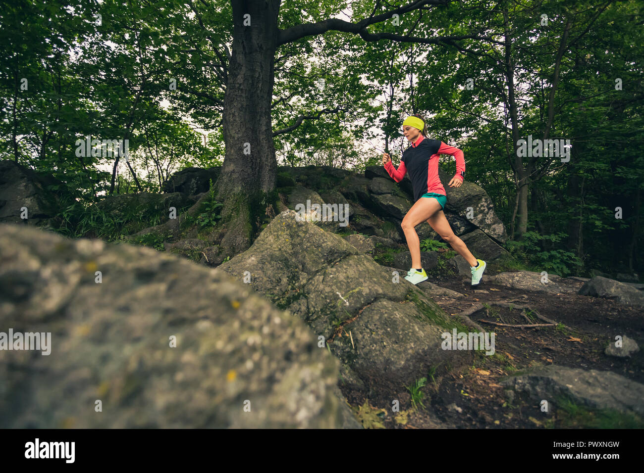 Trail Running Girl im grünen Wald. Ausdauer sport training. Weibliche Trail Runner querfeldein laufen. Sport und Fitness Concept draussen in der Natur. Stockfoto