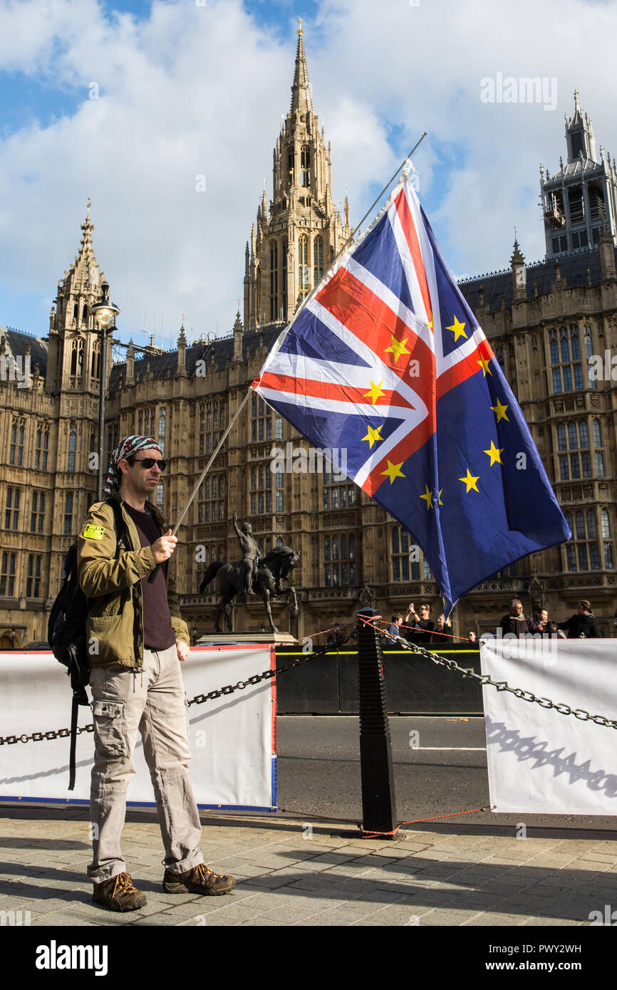 London, Großbritannien. 18. Oktober, 2018. Ein anti-Brexit mitkämpfer von sodem (Stand der Missachtung der Europäischen Bewegung) nimmt Teil an einer täglichen Protest zur Unterstützung der Fortsetzung der Mitgliedschaft in der Europäischen Union gegenüber dem Parlamentsgebäude. Credit: Mark Kerrison/Alamy leben Nachrichten Stockfoto