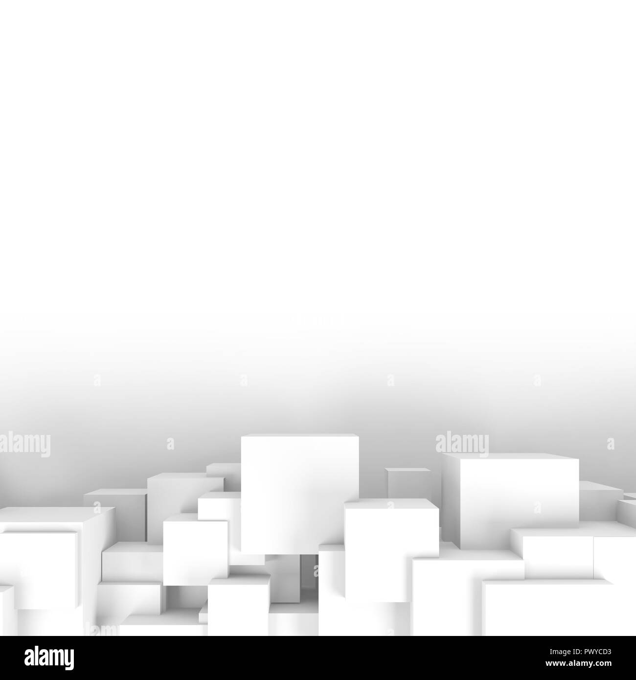 Abstrakte weißes Quadrat Hintergrund mit zufälligen Installation von Würfel, 3D-Rendering illustration Stockfoto