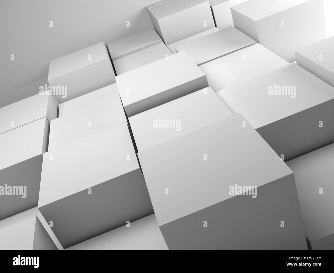 Abstract weiß zufällig extrudierte Würfel Installation im leeren Raum. 3D-Darstellung Stockfoto