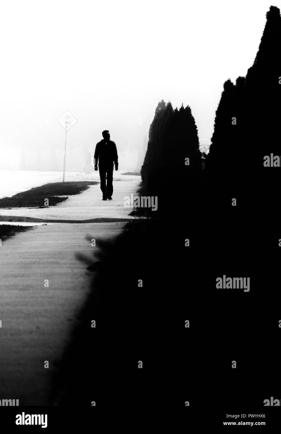 Mann bei einem Spaziergang an einem nebligen Morgen in Prijedor, Bosnien und Herzegowina Stockfoto