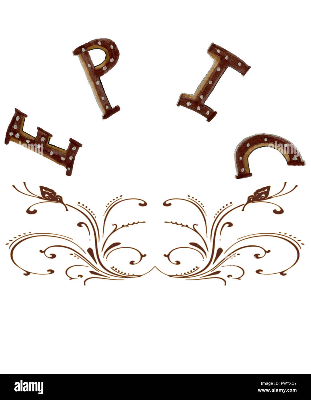 Wort kunst Epos, handlettered in Bronze sans style Text mit Silver Bullet/Peg mit Wirbel von Braun auf weißem Hintergrund in dieser Grafik Design. Stockfoto