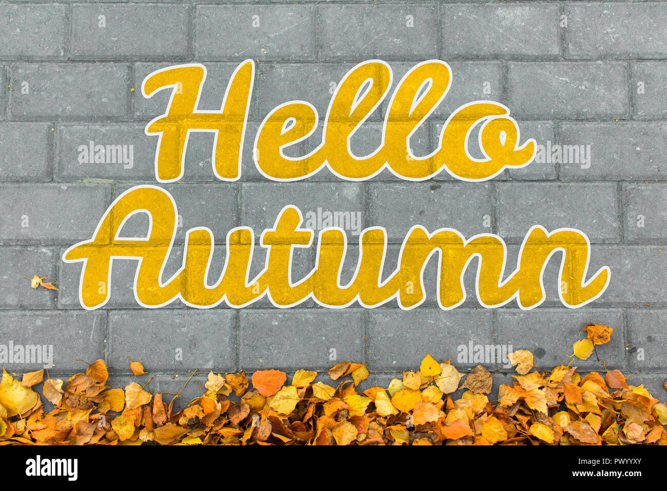 Hallo herbst Konzept Worte. Gelbe Blätter auf Stein Steine Top View Stockfoto