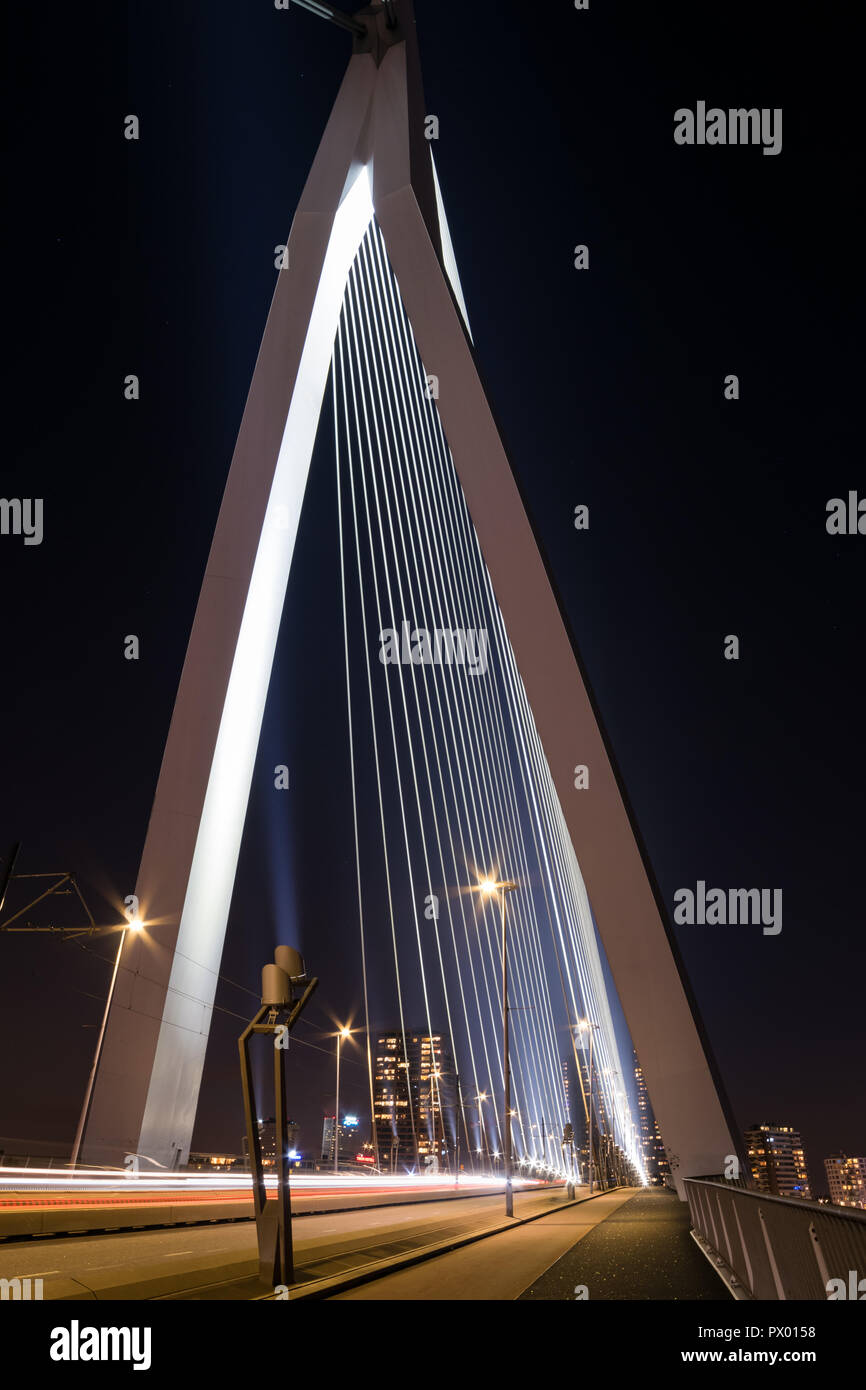 Die beleuchteten die Erasmusbrücke in Rotterdam, Holland bei Nacht Stockfoto