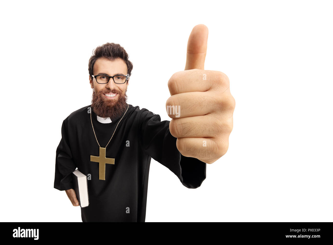 Priester, ein "Daumen hoch" Geste auf weißem Hintergrund Stockfoto