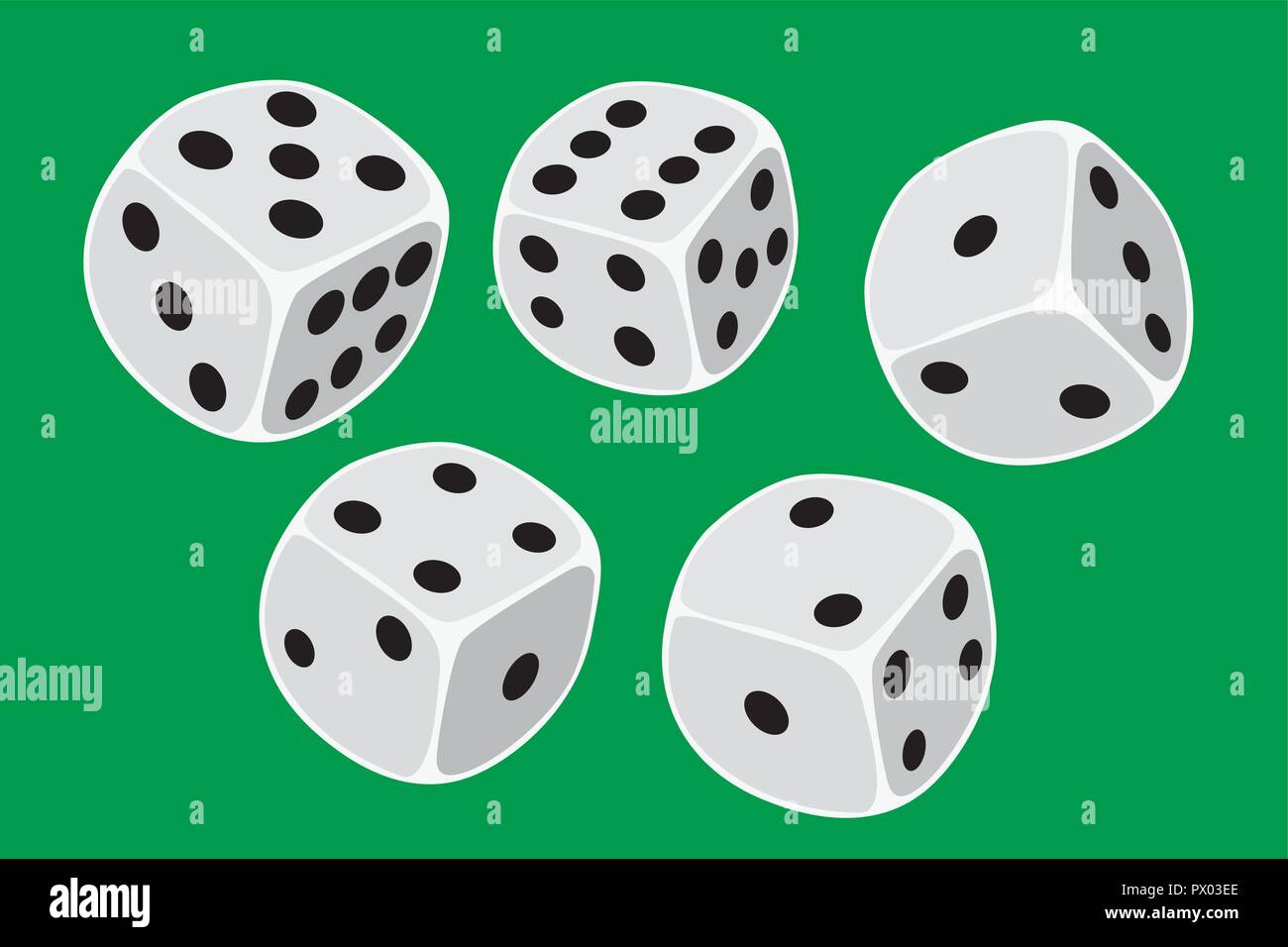 Fünf weißen Würfel Größe in ein Craps Spiel, KNOBELN oder jede Art von würfelspiel vor einem grünen Hintergrund geworfen - Abbildung in einfachen Clean Design Stock Vektor