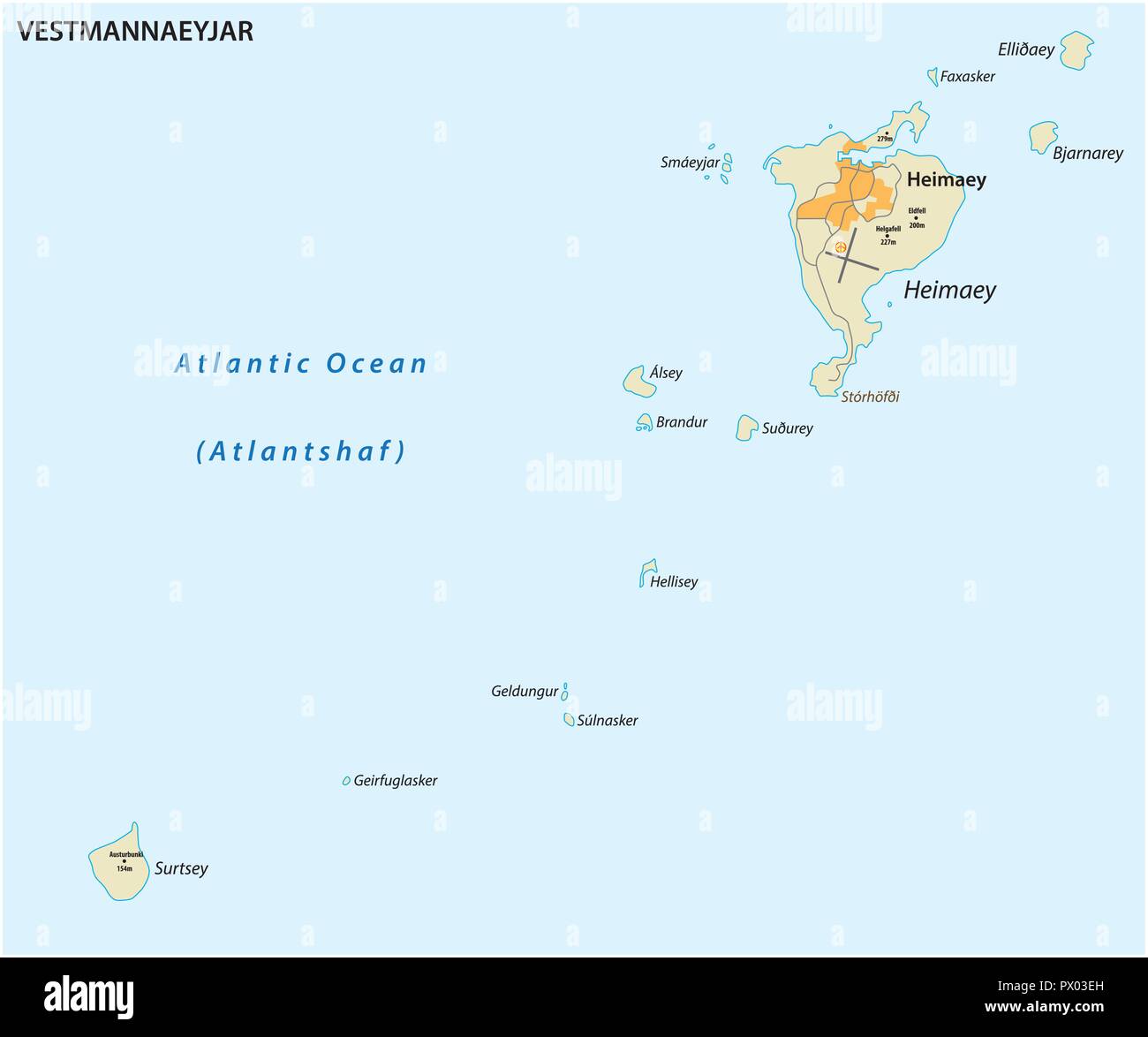 Vektorkarte der Isländischen Archipel der Vestmannaeyjar. Stock Vektor