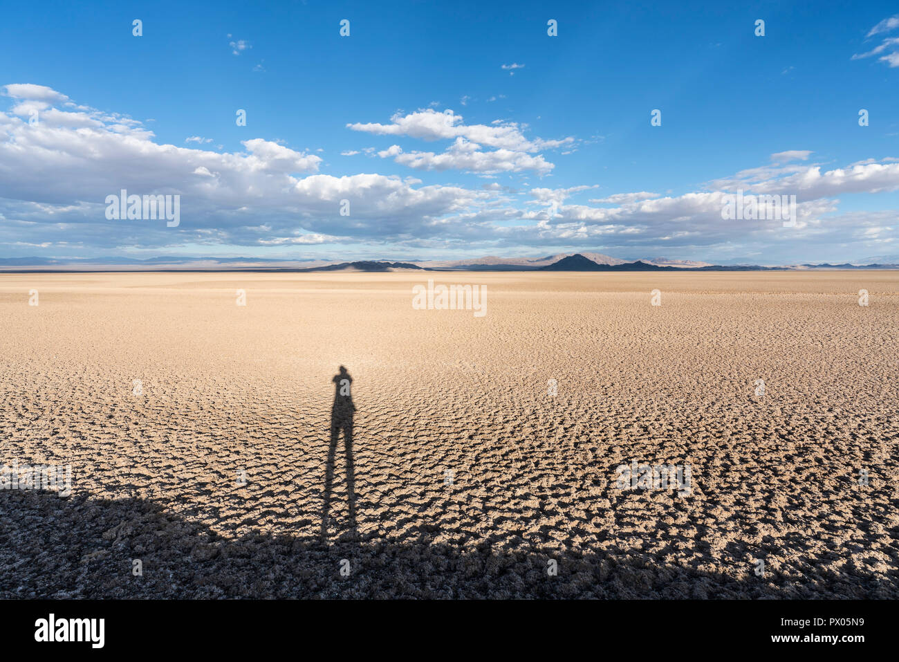 Langer nachmittag Schatten im Soda trockenen See in der Mojave National Preserve in der Nähe von Bäcker, Kalifornien. Stockfoto