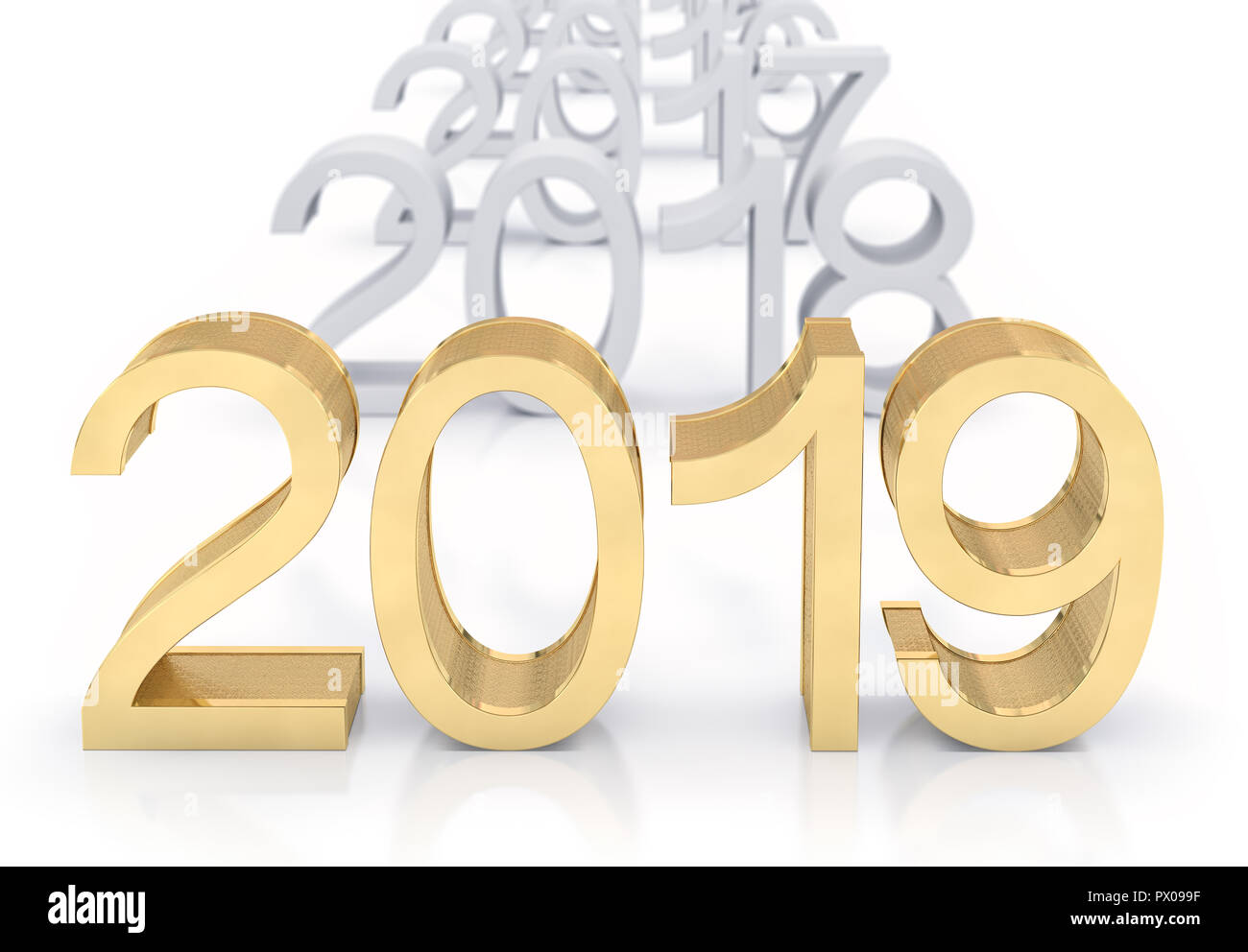 3D Gold Metall 2019 auf weißem Hintergrund. Drei-dimensionale Darstellung. Fokus auf 2019 golden Text. Stockfoto