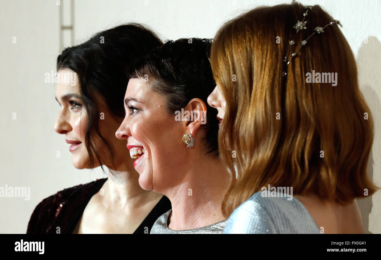 Rachel Weisz, Olivia Colman und Emma Stone die Teilnahme an der BRITISCHEN Premiere der Favorit am BFI Southbank für die 62 BFI London Film Festival. Stockfoto