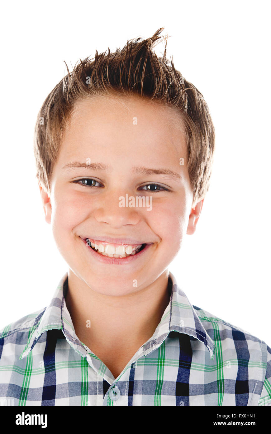 Kleiner Junge auf einem weißen Hintergrund isoliert Stockfoto