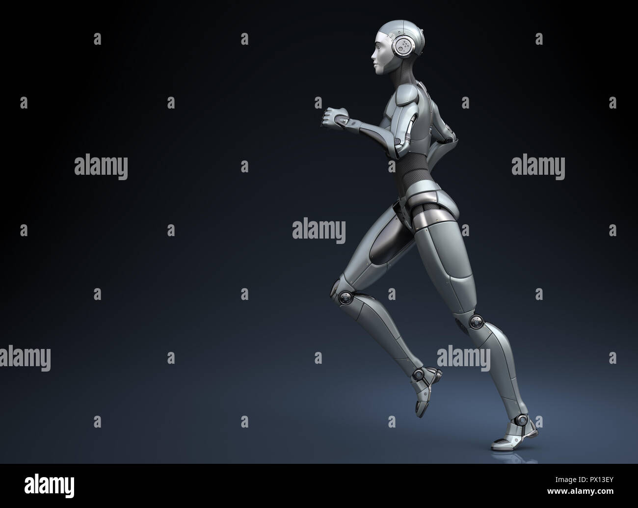 Laufende Roboter auf dunklem Hintergrund. 3D-Darstellung Stockfoto