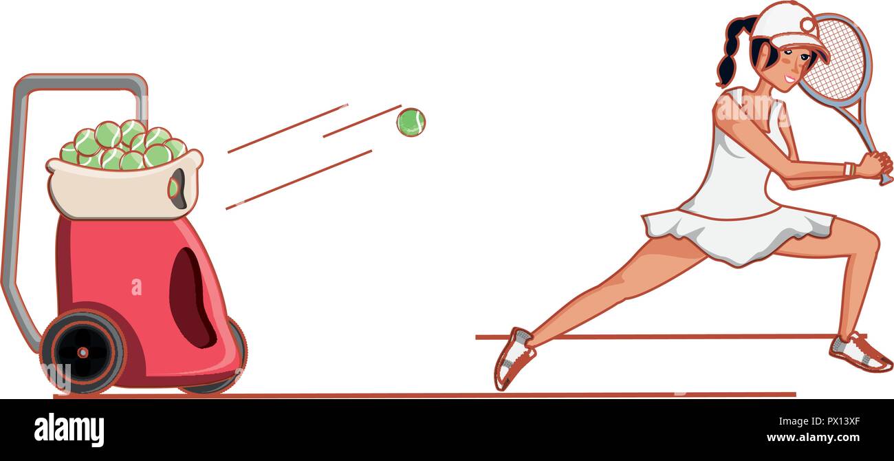 Frau üben Tennis mit Ball werfen Maschine Vector Illustration Design Stock Vektor
