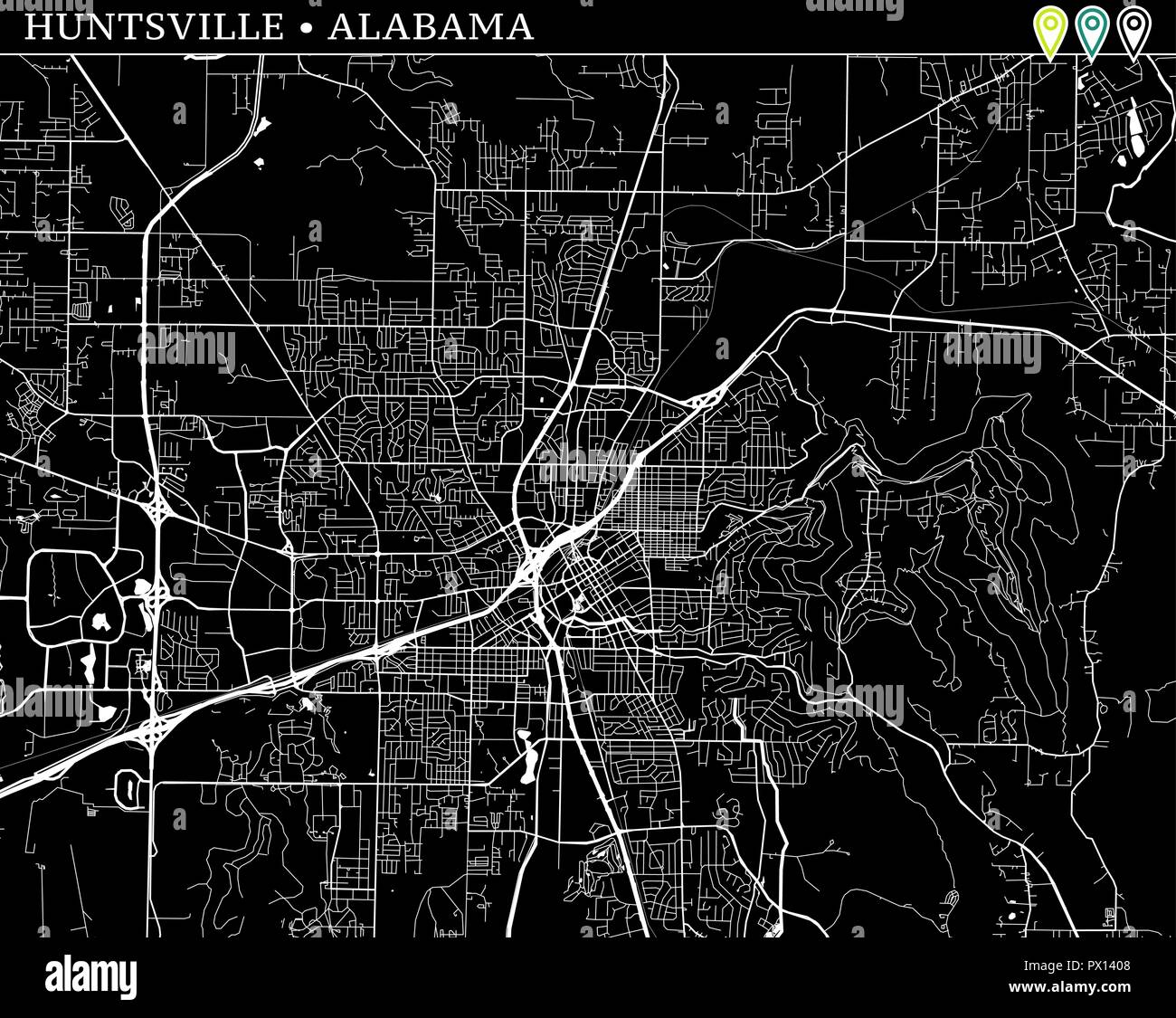 Einfache Karte von Huntsville, Alabama, USA. Schwarz und Weiss für Hintergrund. Diese Karte von Huntsville enthält drei Markierungen, die gruppiert und können Stock Vektor