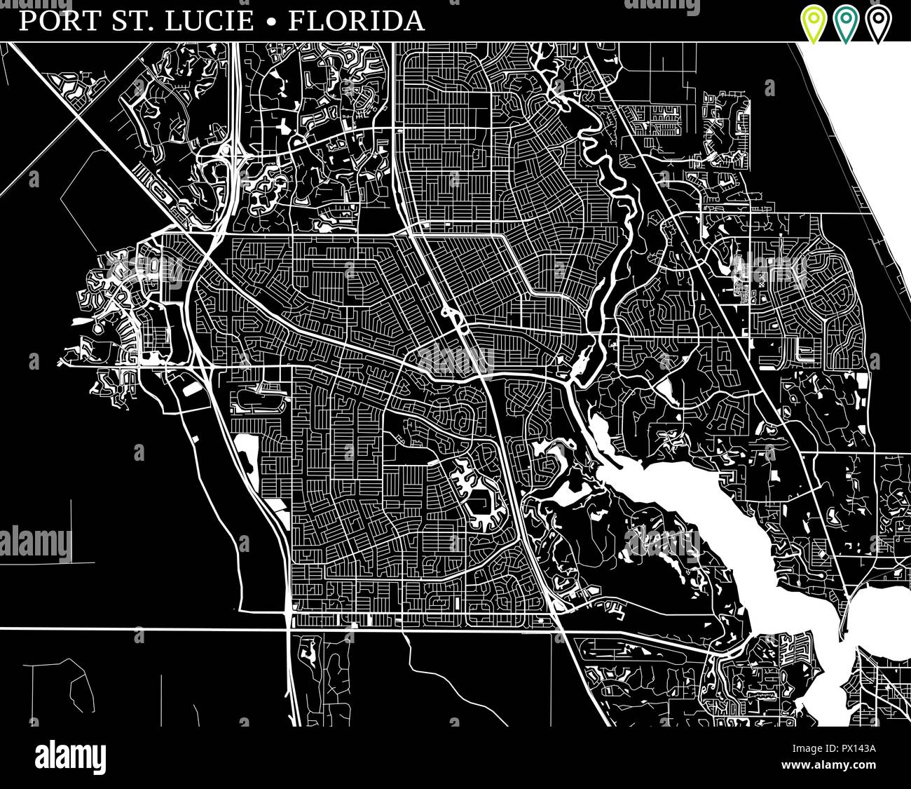 Einfache Karte von Port St. Lucie, Florida, USA. Schwarz und Weiss für Hintergrund. Diese Karte von Port St. Lucie enthält drei Markierungen, die gruppiert sind Stock Vektor