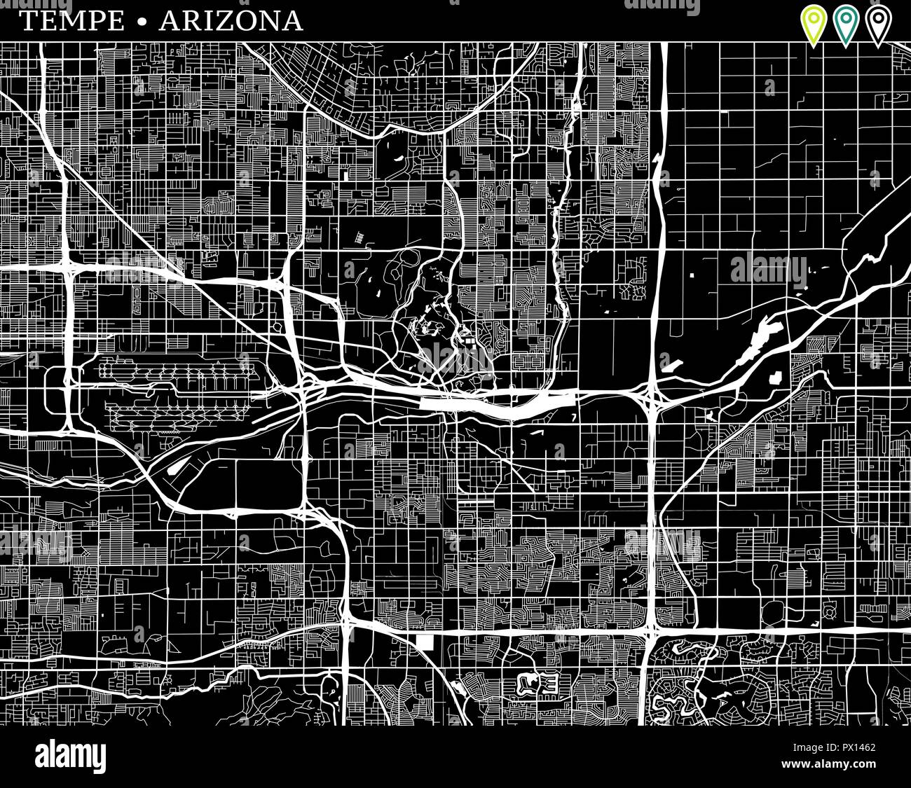 Einfache Karte von Tempe, Arizona, USA. Schwarz und Weiss für Hintergrund. Diese Karte von Tempe enthält drei Markierungen, die gruppiert sind und bewegt werden. Stock Vektor