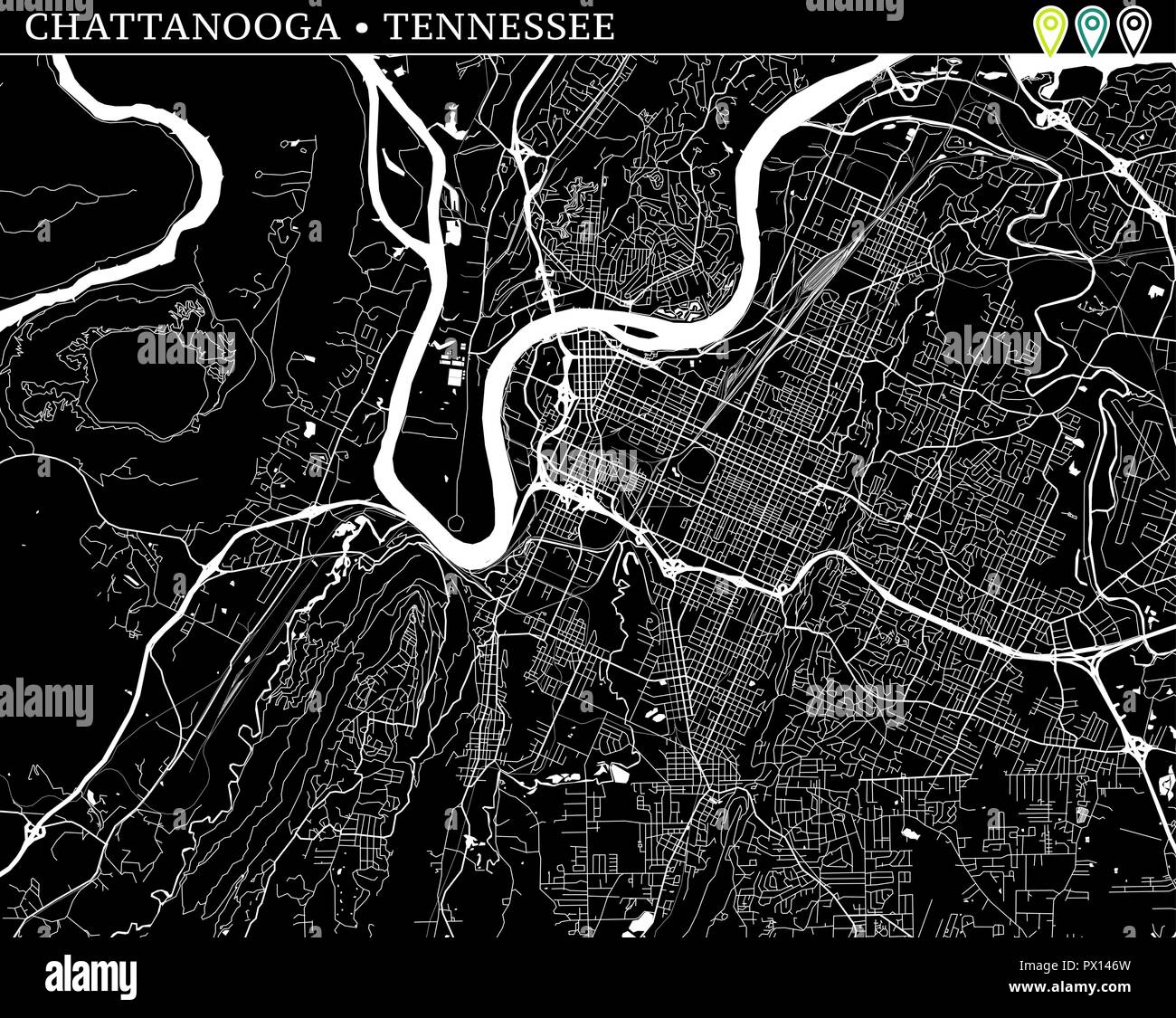 Einfache Karte von Chattanooga, Tennessee, USA. Schwarz und Weiss für Hintergrund. Diese Karte von Chattanooga enthält drei Markierungen, die gruppiert sind und Stock Vektor