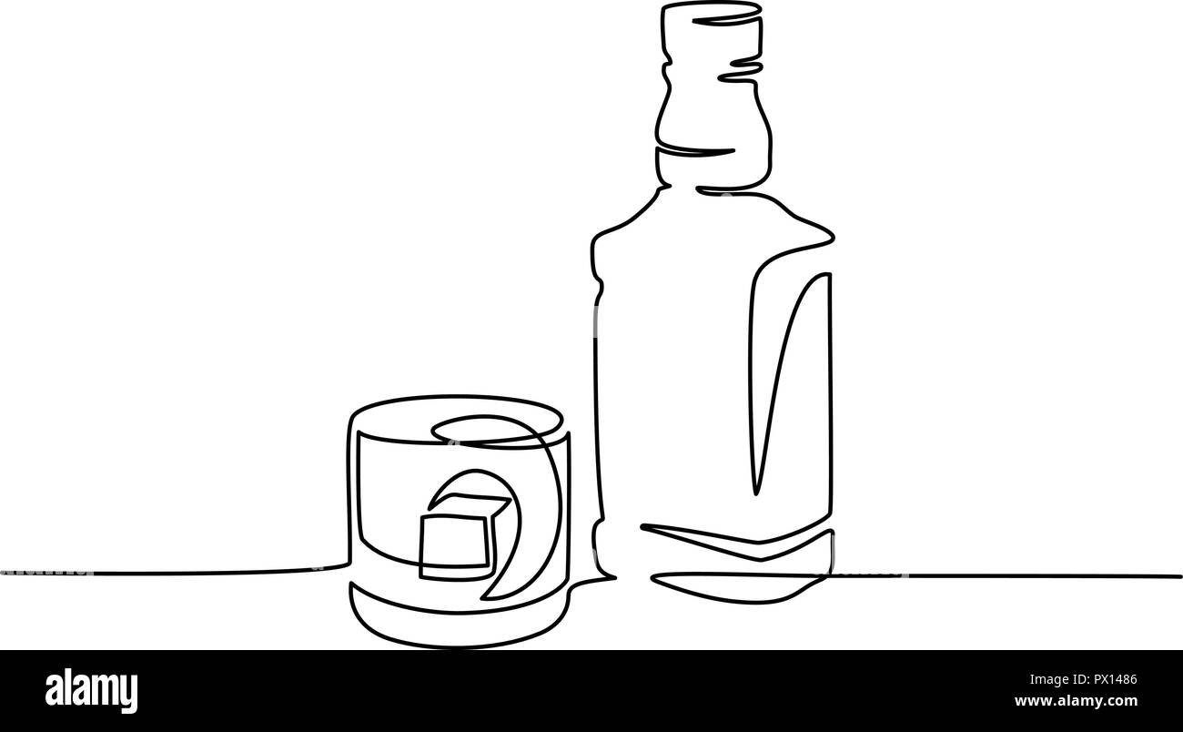 Kontinuierliche eine Linie zeichnen. Flasche und Glas Whisky mit Eis. Vector Illustration Stock Vektor
