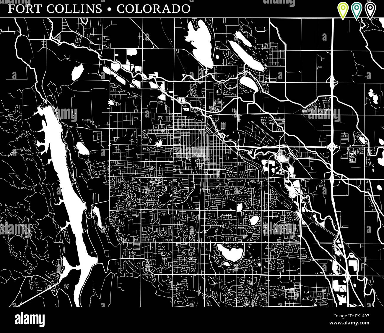 Einfache Karte von Fort Collins, Colorado, USA. Schwarz und Weiss für Hintergrund. Diese Karte von Fort Collins enthält drei Markierungen, die gruppiert sind Stock Vektor