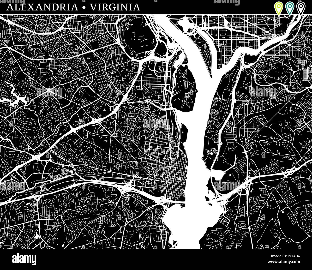 Einfache Karte von Alexandria, Virginia, USA. Schwarz und Weiss für Hintergrund. Diese Karte von Alexandria enthält drei Markierungen, die gruppiert sind und Ca Stock Vektor