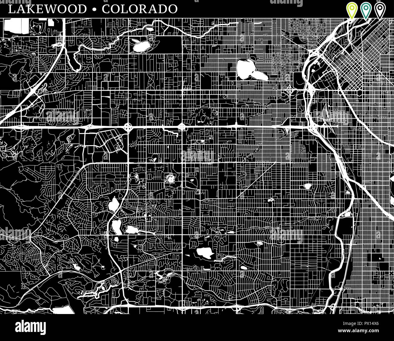 Einfache Karte von Lakewood, Colorado, USA. Schwarz und Weiss für Hintergrund. Diese Karte von Lakewood enthält drei Markierungen, die gruppiert werden können Stock Vektor