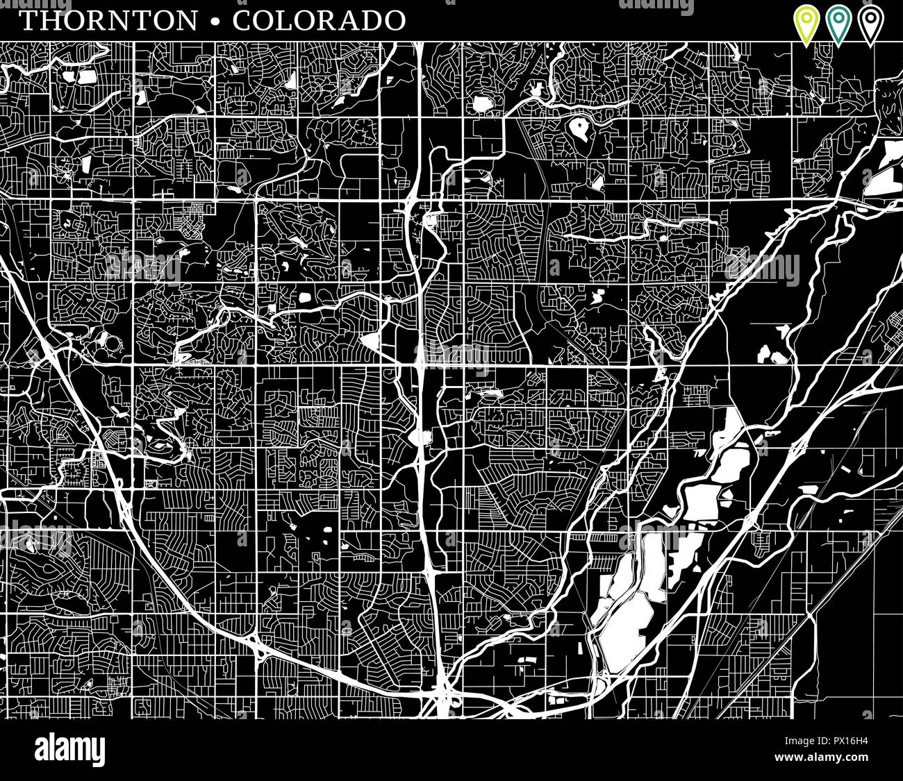 Einfache Karte von Denver, Colorado, USA. Schwarz und Weiss für Hintergrund. Diese Karte von Thornton enthält drei Markierungen, die gruppiert werden können Stock Vektor