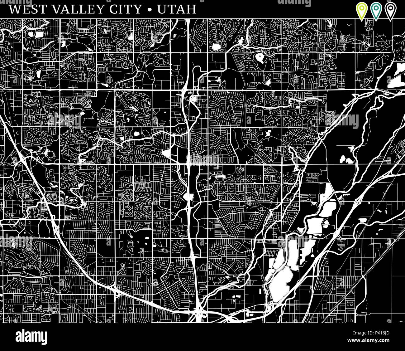 Einfache Karte von West Valley City, Utah, USA. Schwarz und Weiss für Hintergrund. Diese Karte von West Valley City enthält drei Markierungen, die Groupe sind Stock Vektor