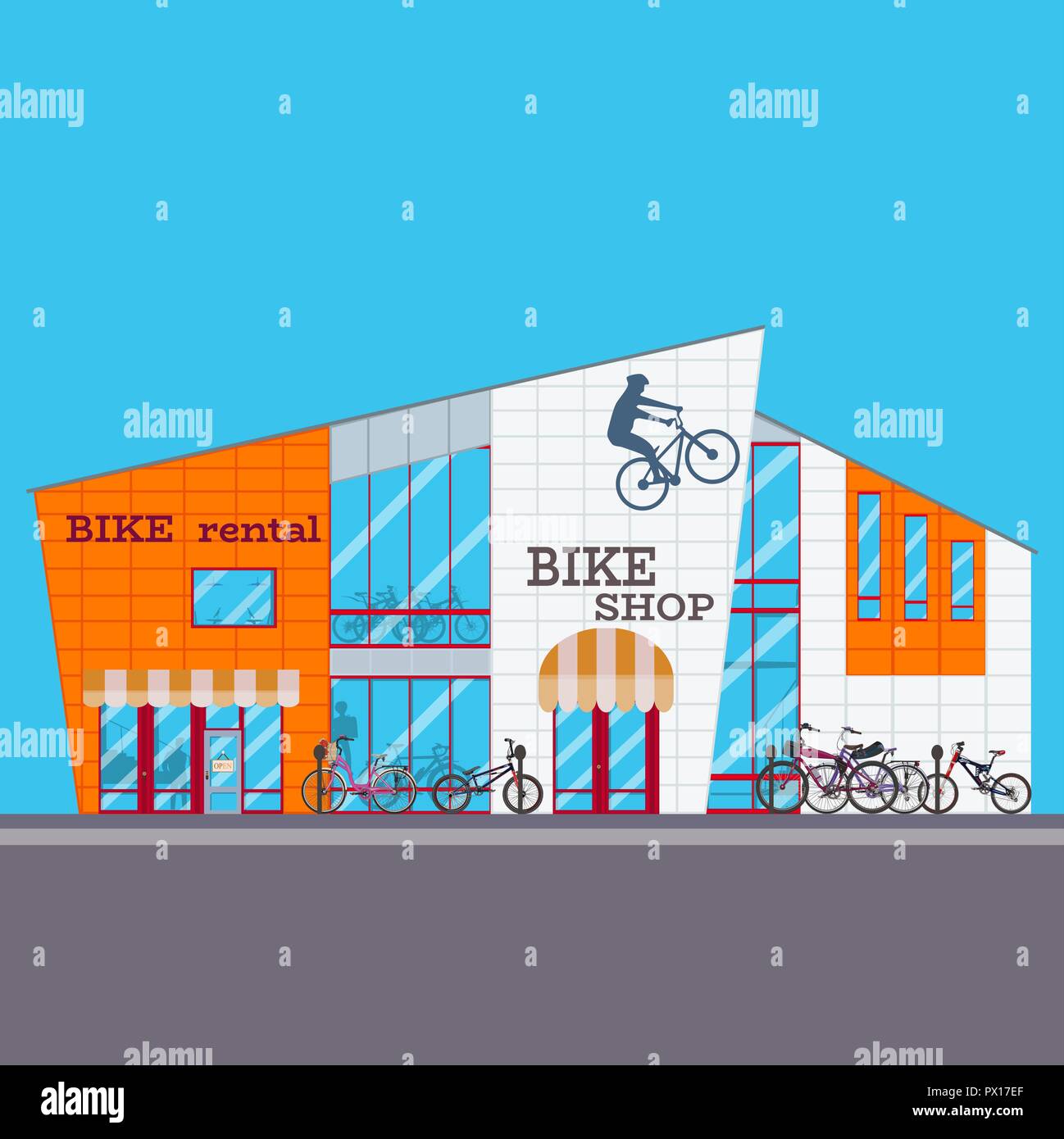 Vector Abbildung: Fahrradverleih und Bike shop Fassade. Flat Style Design. Stock Vektor