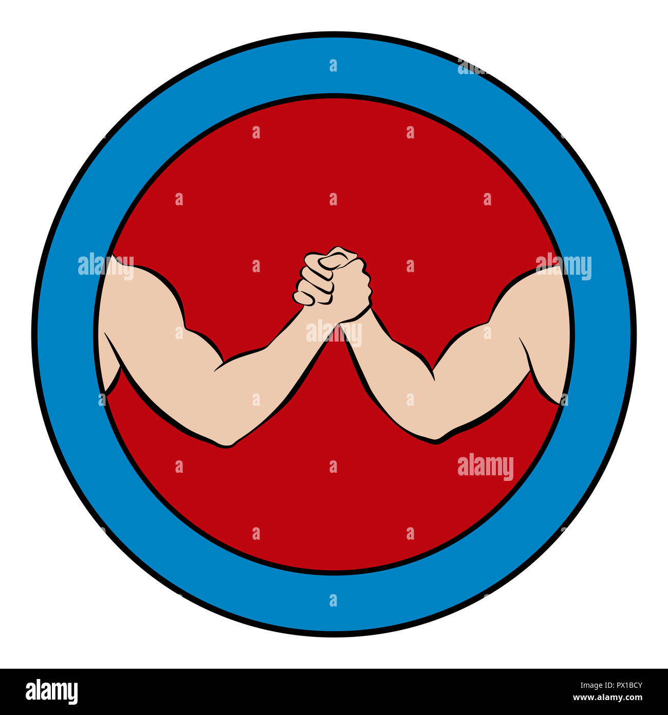 Arm Wrestling Logo. Runde Piktogramm mit roten und blauen Rahmen. Abbildung von zwei starken, muskulösen Armen im Wettbewerb. Stockfoto