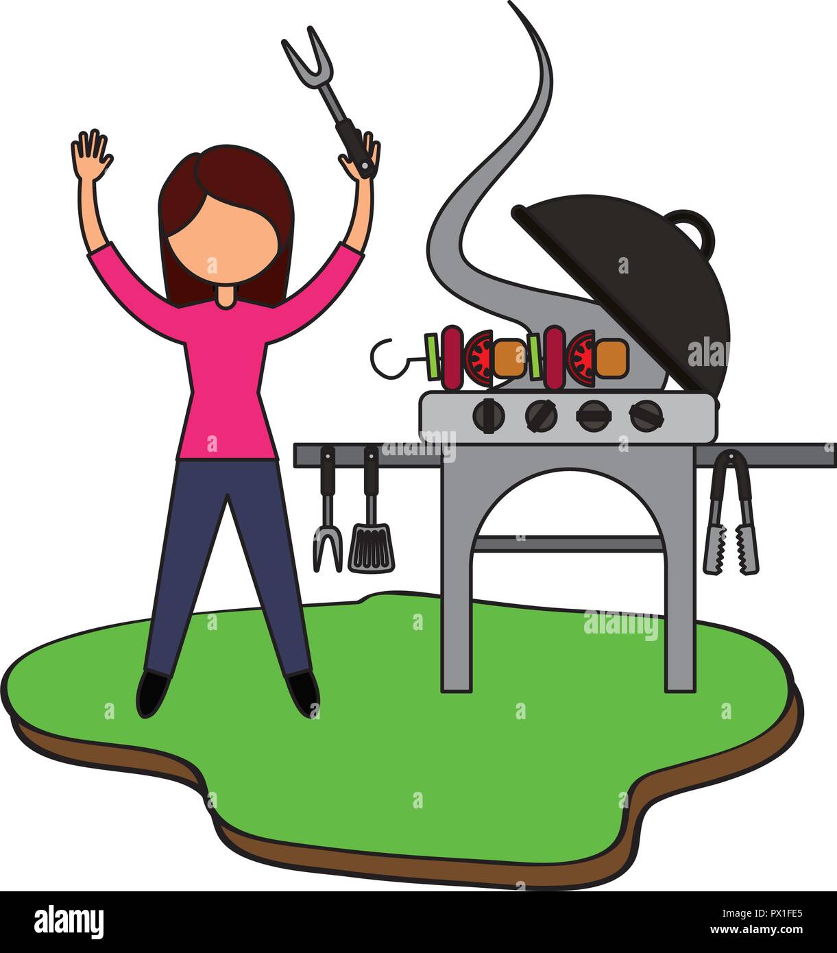 Frau vorbereiten mit Grill essen Picknick Vector Illustration Stock Vektor