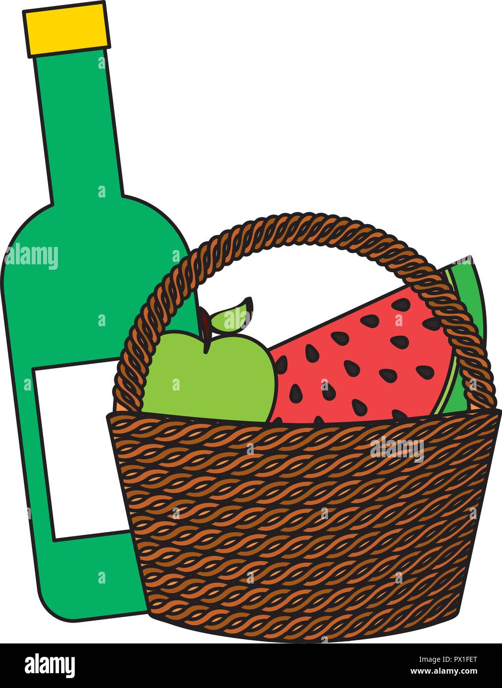 Weidenkorb Wein Früchte essen Picknick Vector Illustration Stock Vektor