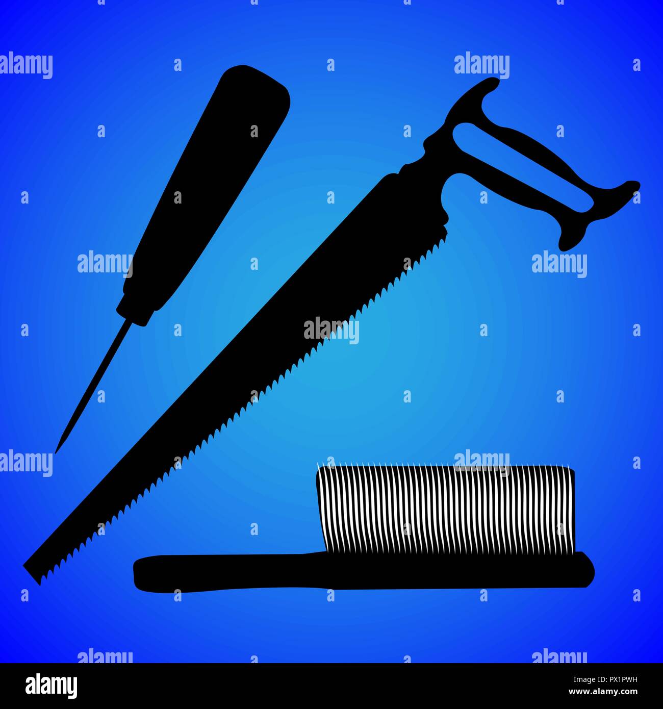Säge Säge, Silhouette Vector Illustration, auf blauem Hintergrund isoliert Stock Vektor