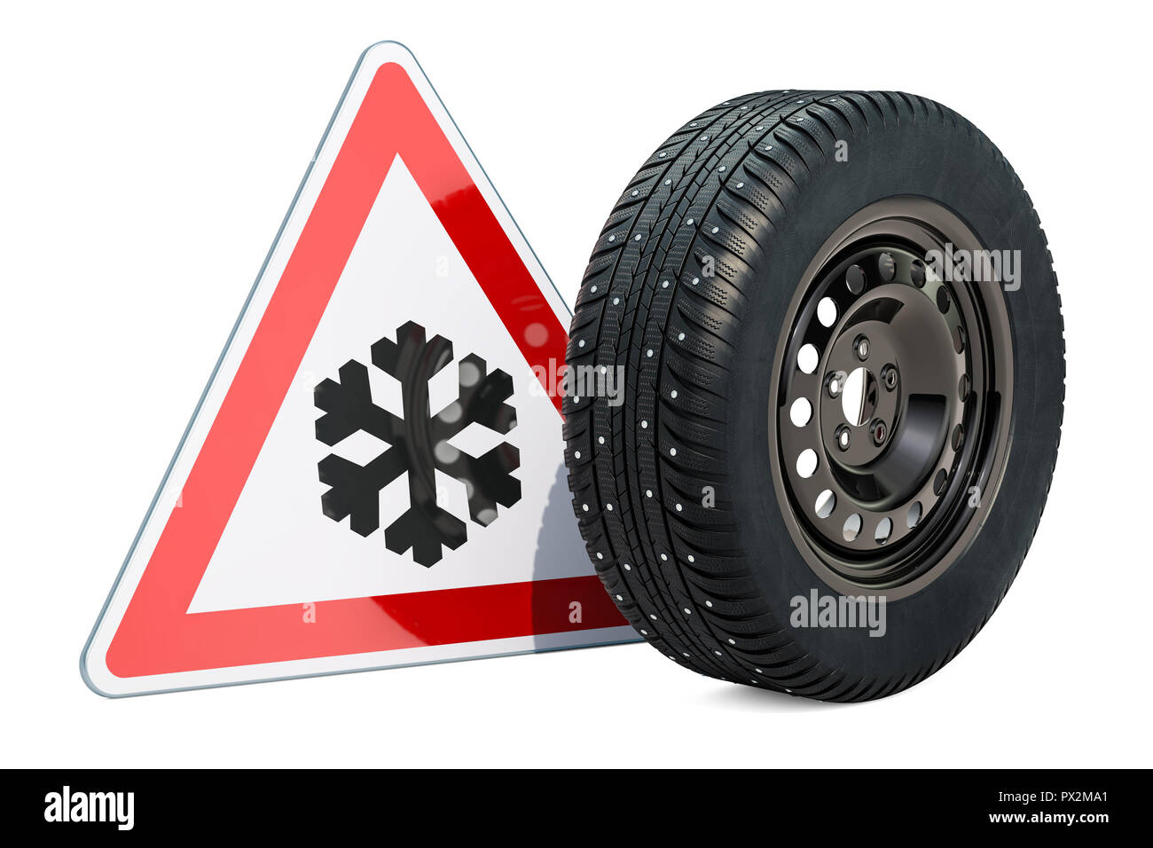 Auto Rad mit Winter Spikereifen snow Reifen und achten Sie auf Eis oder  Schnee, Verkehrszeichen. 3D-Rendering Stockfotografie - Alamy