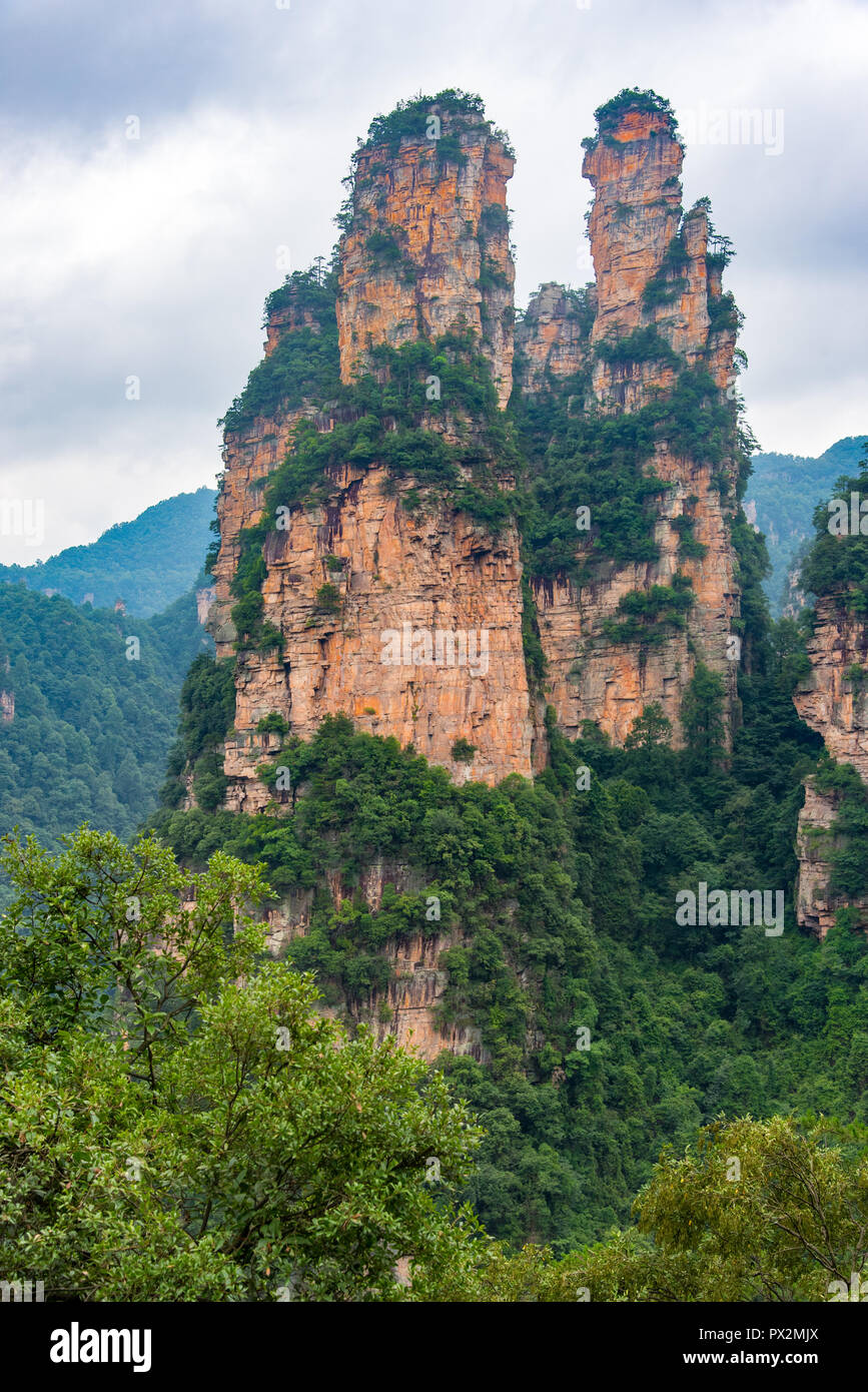 Sandstein Berge von der Strecke der 10 Km natürliche Galerie angesehen Tianzi Berg. Landschaftspark Wulingyuan gelegen Scenic Area, Niagara-on-the-Lake, Hunan, China. Stockfoto